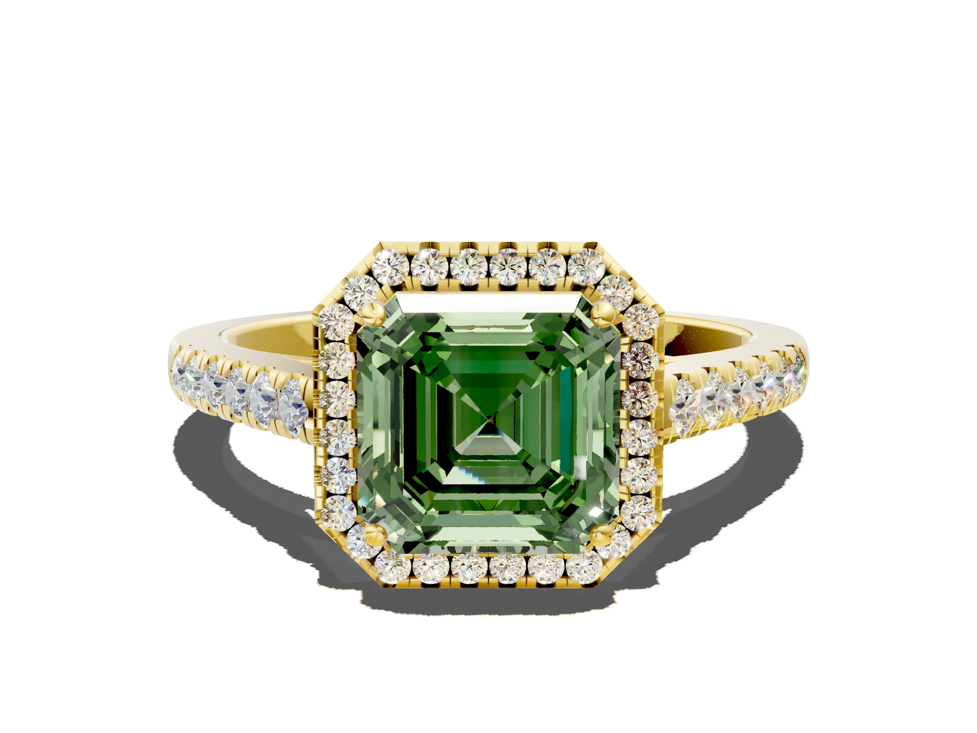 Yellow gold Fancy Green Asscher Cut Halo Pave Diamond Engagement Ring with Four-Prong Setting