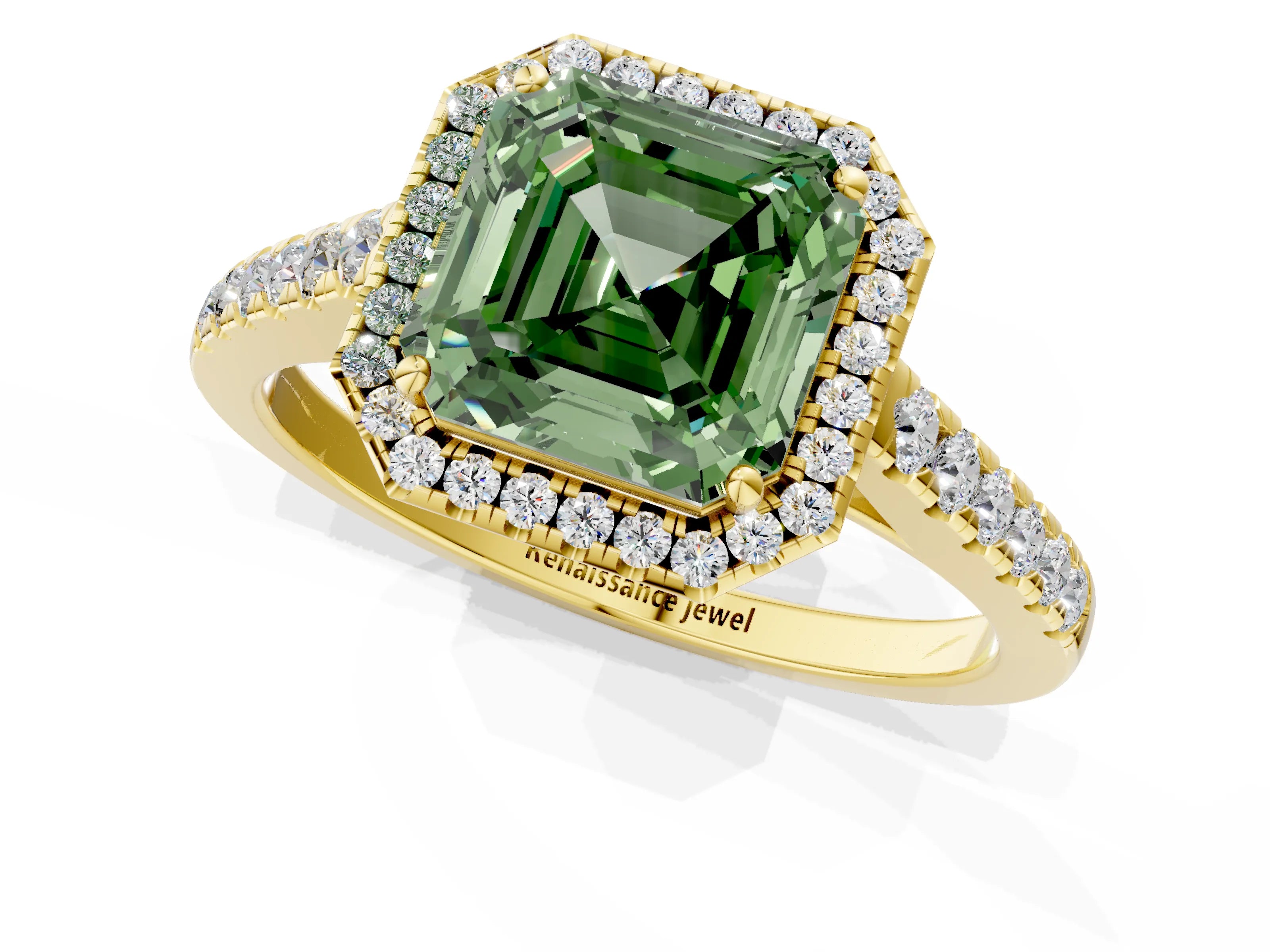 Yellow gold Fancy Green Asscher Cut Halo Pave Diamond Engagement Ring with Four-Prong Setting_1