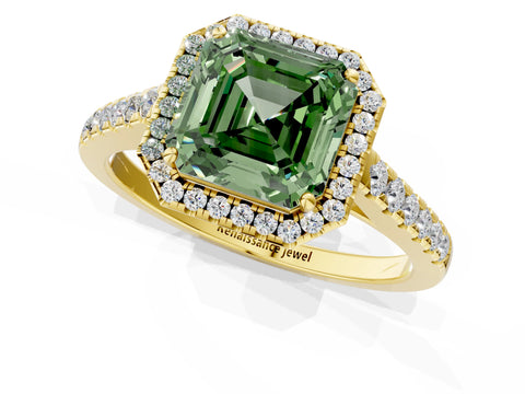 Yellow gold Fancy Green Asscher Cut Halo Pave Diamond Engagement Ring with Four-Prong Setting_1