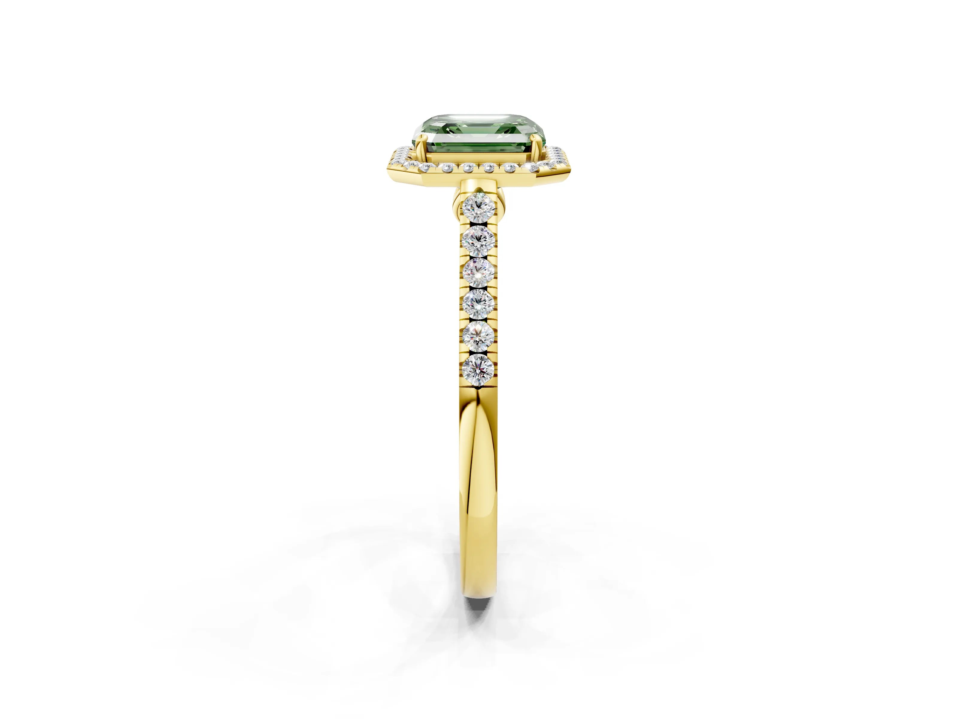 Yellow gold Fancy Green Asscher Cut Halo Pave Diamond Engagement Ring with Four-Prong Setting_2