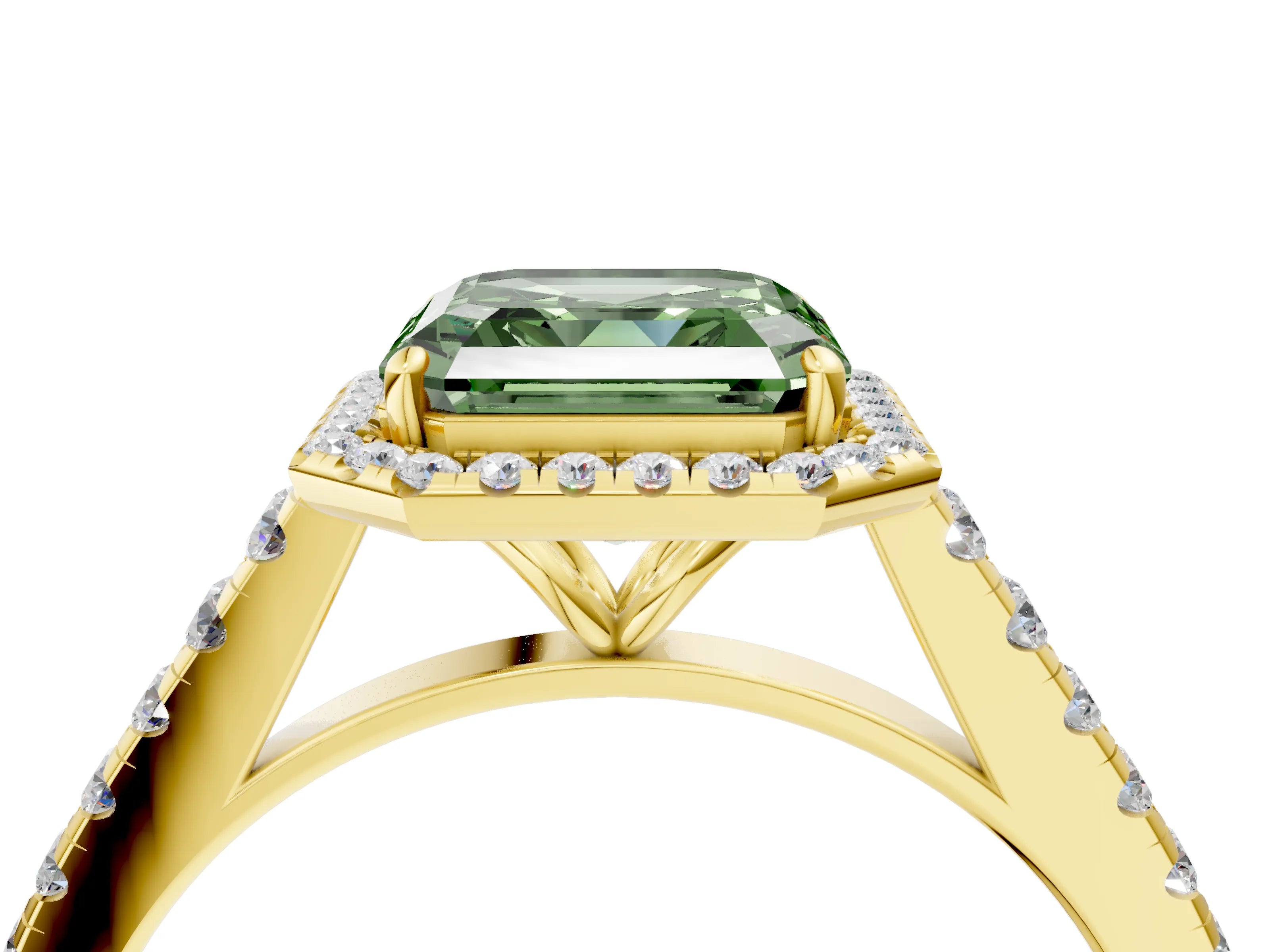 Yellow gold Fancy Green Asscher Cut Halo Pave Diamond Engagement Ring with Four-Prong Setting_4