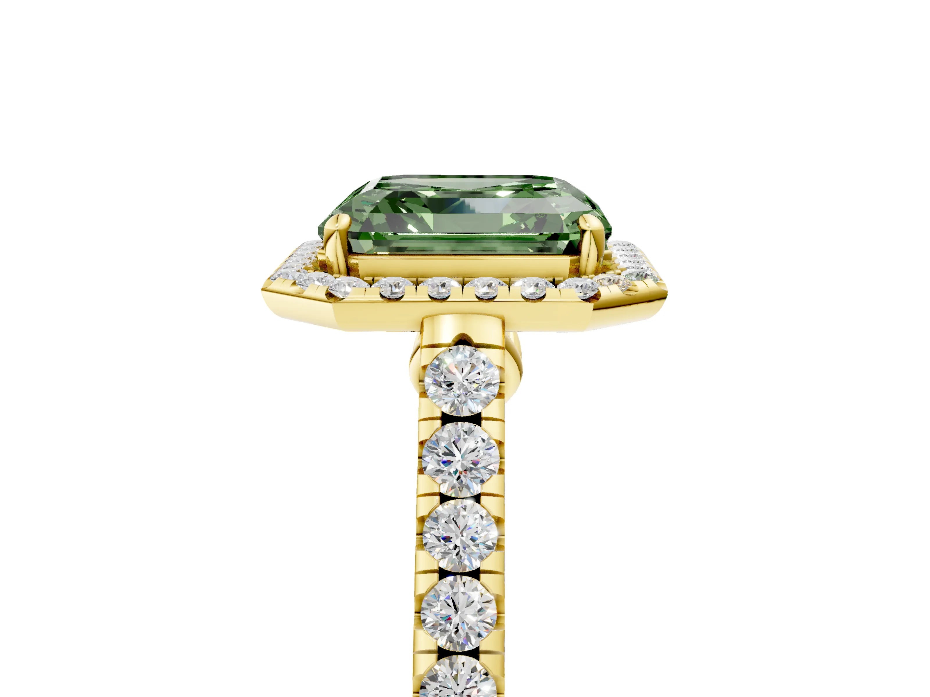 Yellow gold Fancy Green Asscher Cut Halo Pave Diamond Engagement Ring with Four-Prong Setting_5