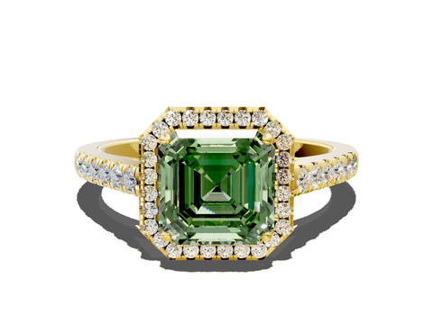 Yellow gold Fancy Green Asscher Cut Halo Pave Diamond Engagement Ring with Four-Prong Setting