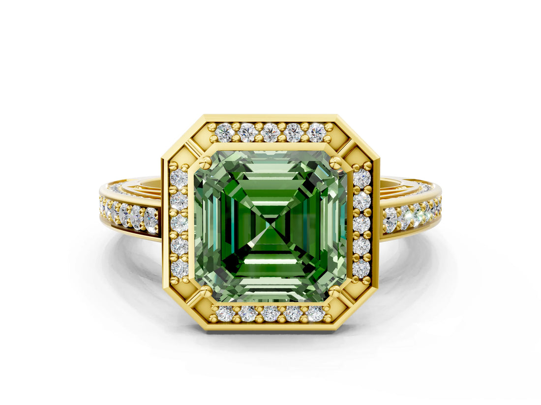 Yellow gold Fancy Green Asscher  Cut Halo Pave Split Shank Prong Setting Ring_49