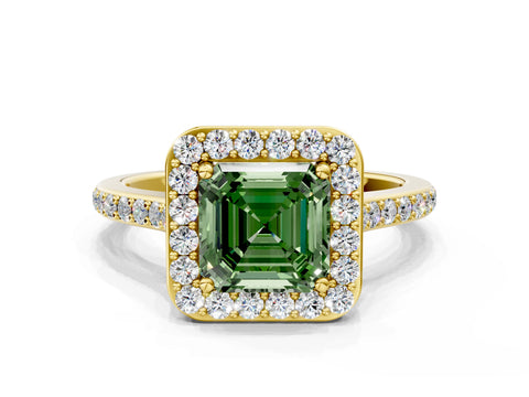 Yellow gold Fancy Green Asscher Cut Halo Round Diamond Pavé Band with Four-Prong Setting_3