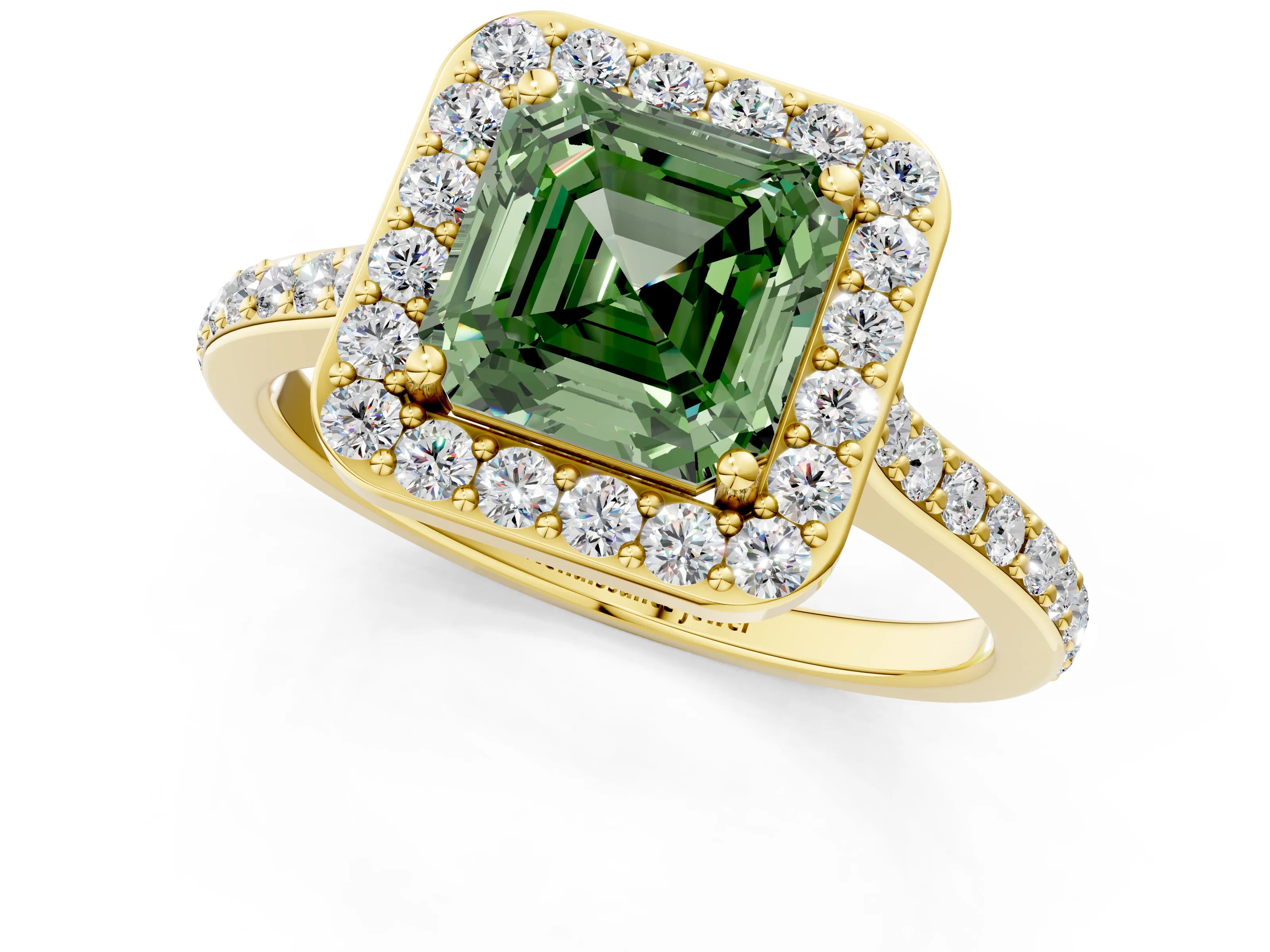 Yellow gold Fancy Green Asscher Cut Halo Round Diamond Pavé Band with Four-Prong Setting_4