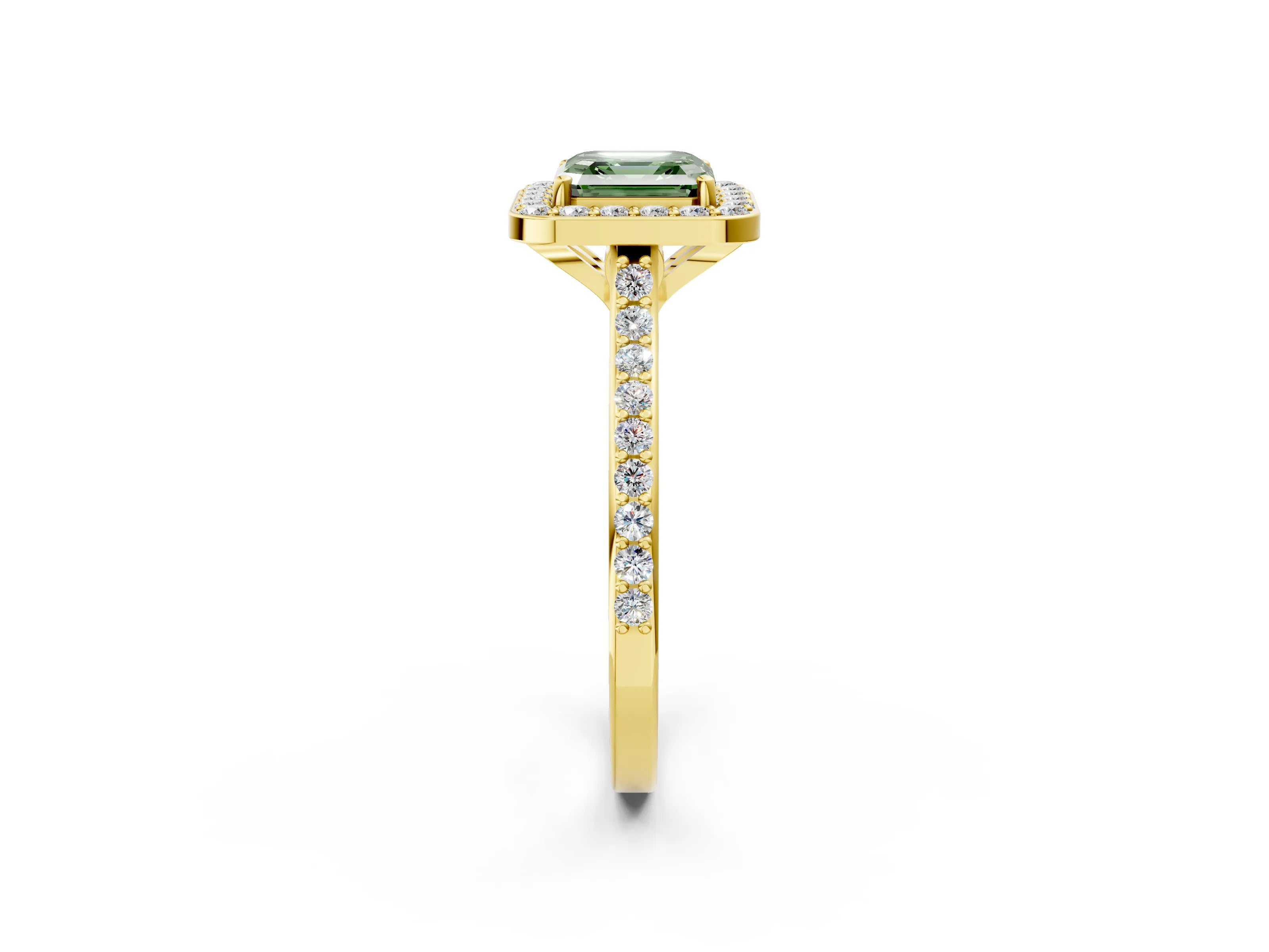 Yellow gold Fancy Green Asscher Cut Halo Round Diamond Pavé Band with Four-Prong Setting_5