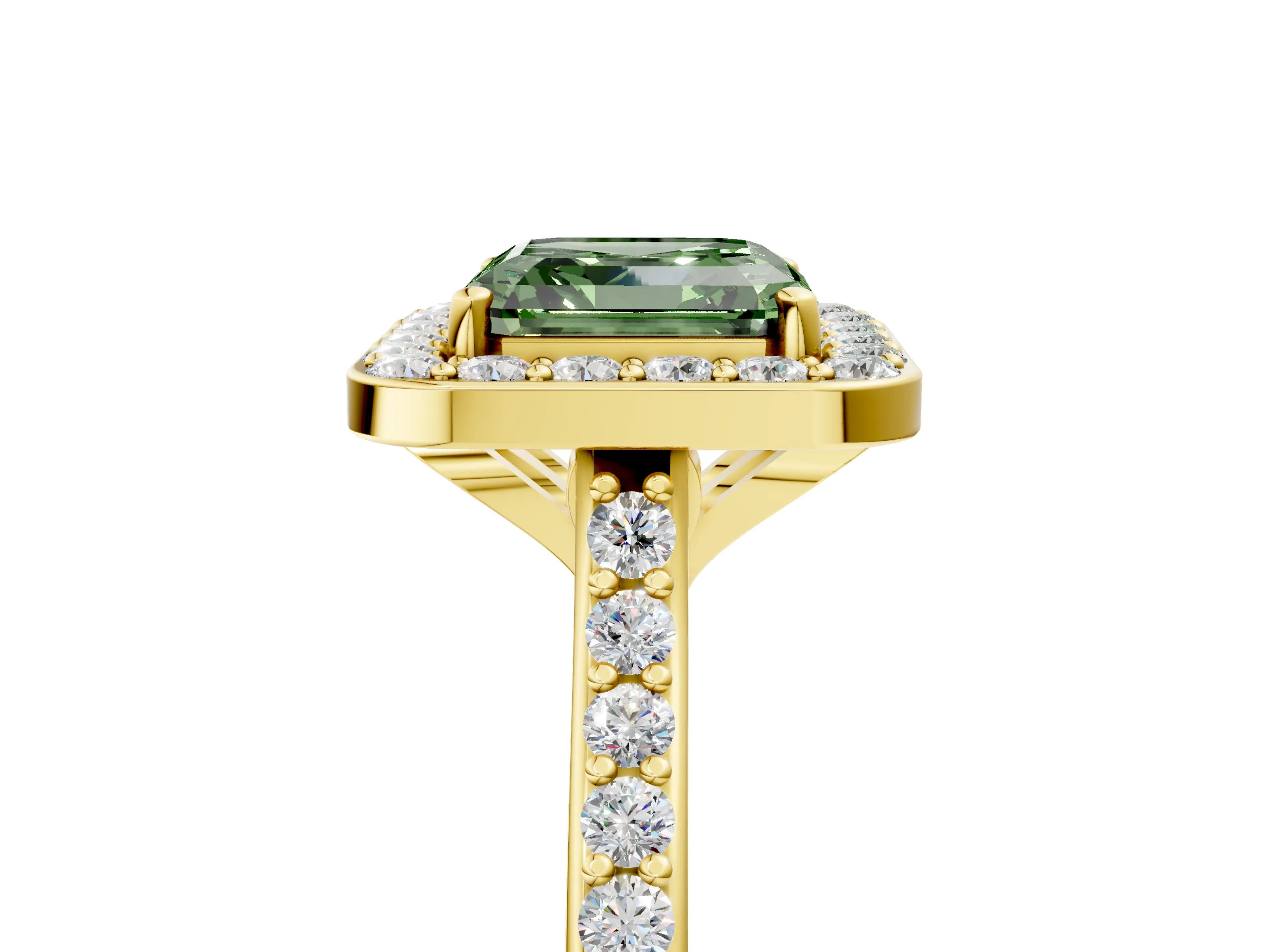Yellow gold Fancy Green Asscher Cut Halo Round Diamond Pavé Band with Four-Prong Setting_8