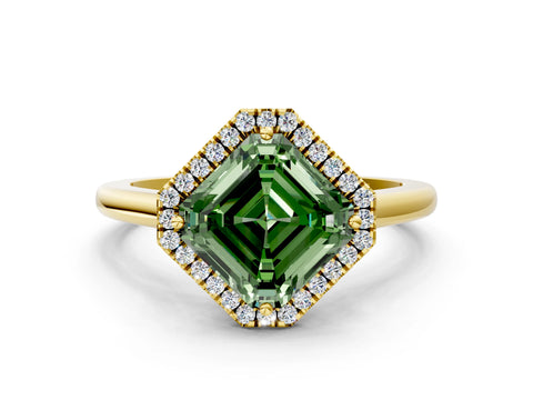 Yellow gold Fancy Green Asscher Cut Halo Round Diamond Solitaire Engagement Ring with Pave Band and Four-Prong Setting_12