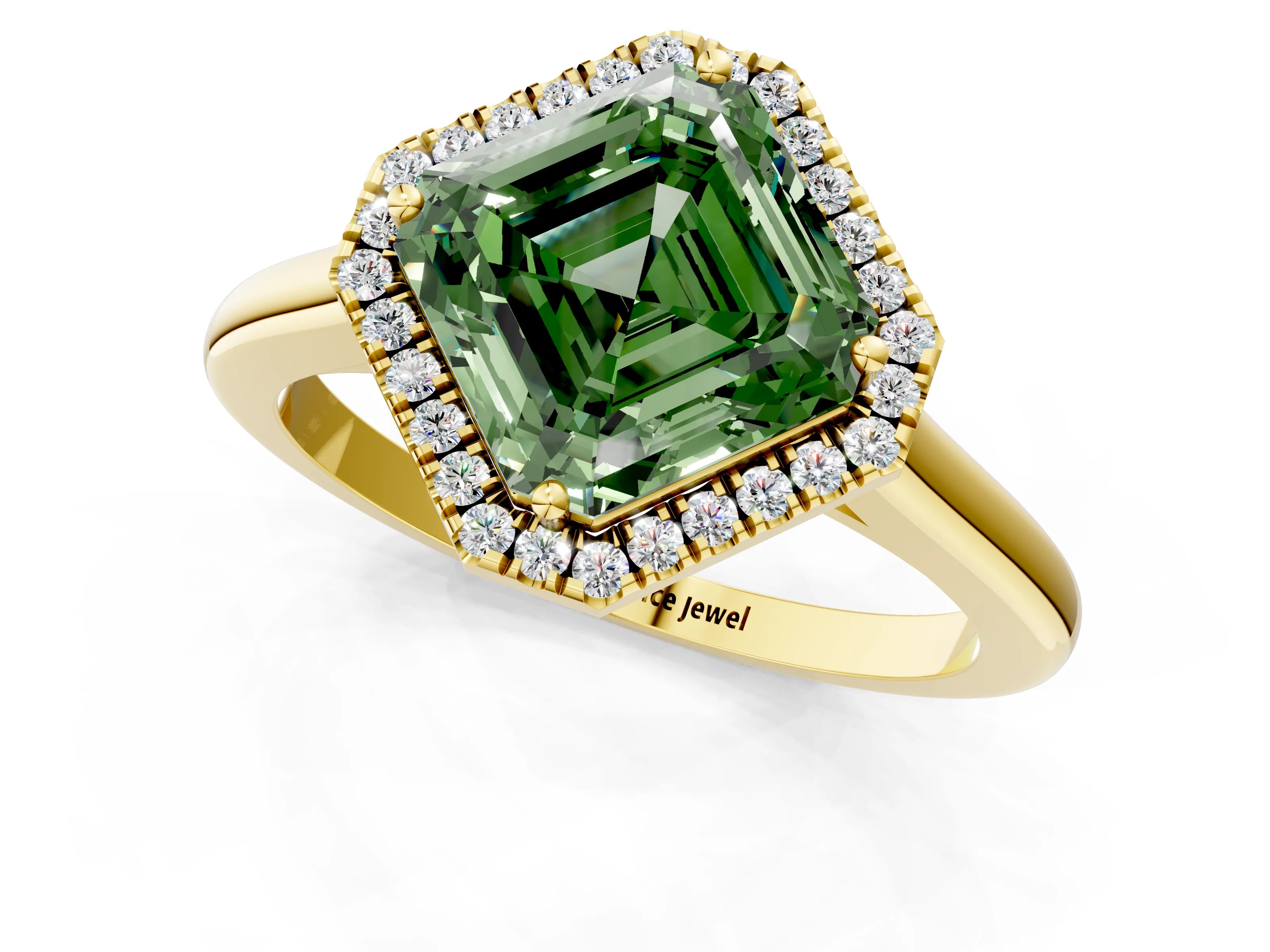 Yellow gold Fancy Green Asscher Cut Halo Round Diamond Solitaire Engagement Ring with Pave Band and Four-Prong Setting_13