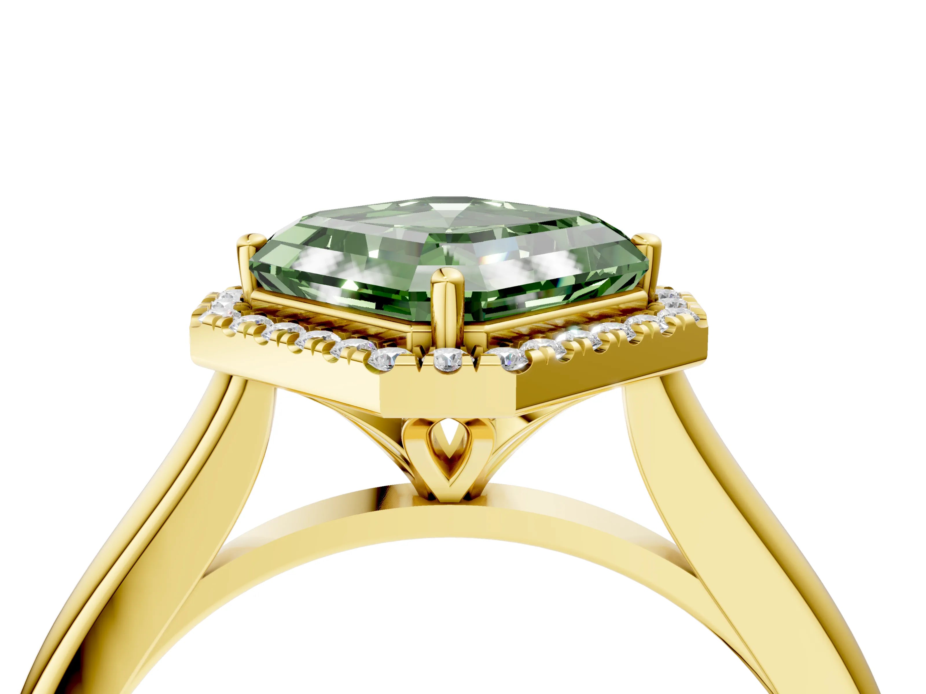 Yellow gold Fancy Green Asscher Cut Halo Round Diamond Solitaire Engagement Ring with Pave Band and Four-Prong Setting_16