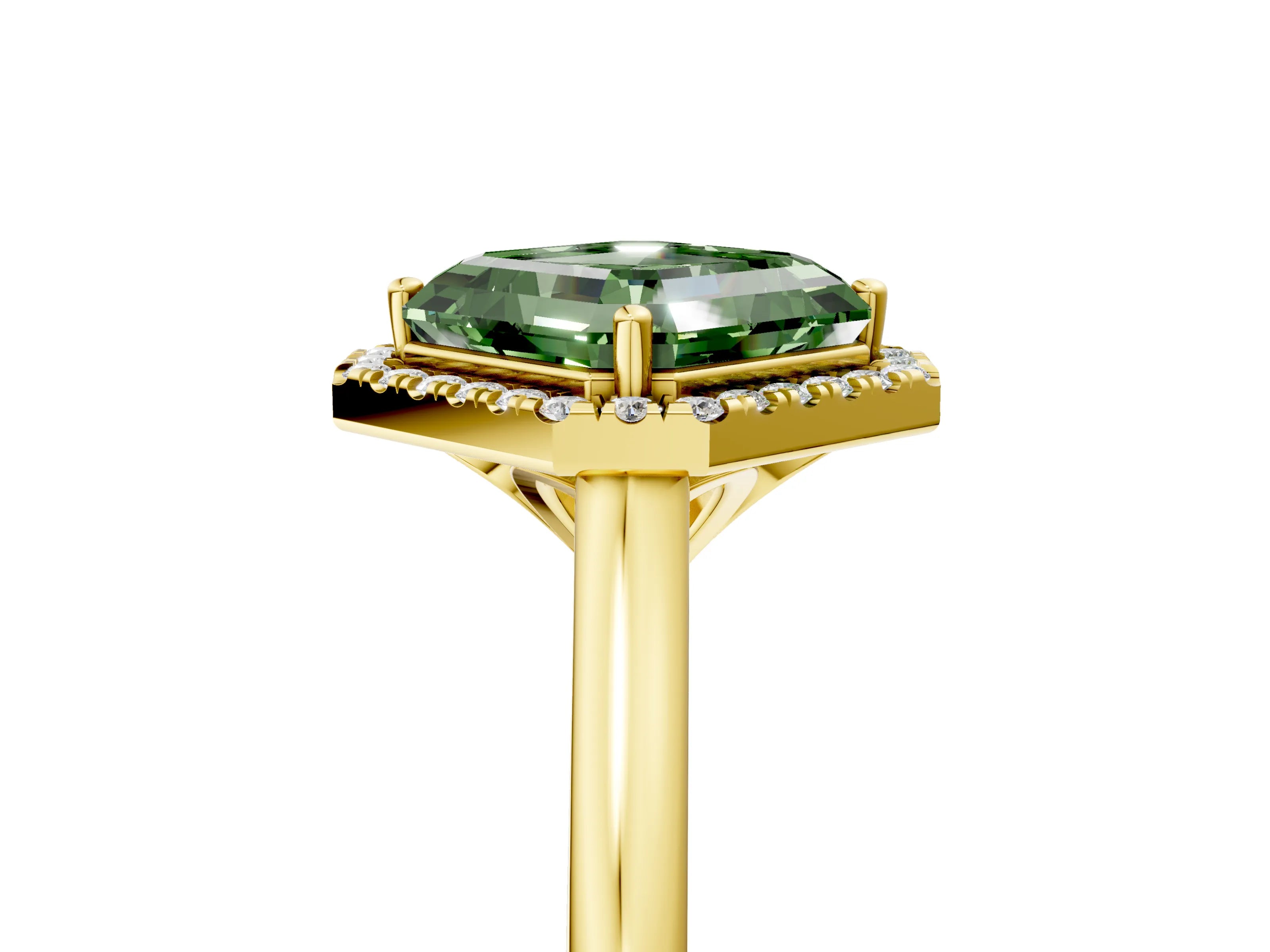 Yellow gold Fancy Green Asscher Cut Halo Round Diamond Solitaire Engagement Ring with Pave Band and Four-Prong Setting_17