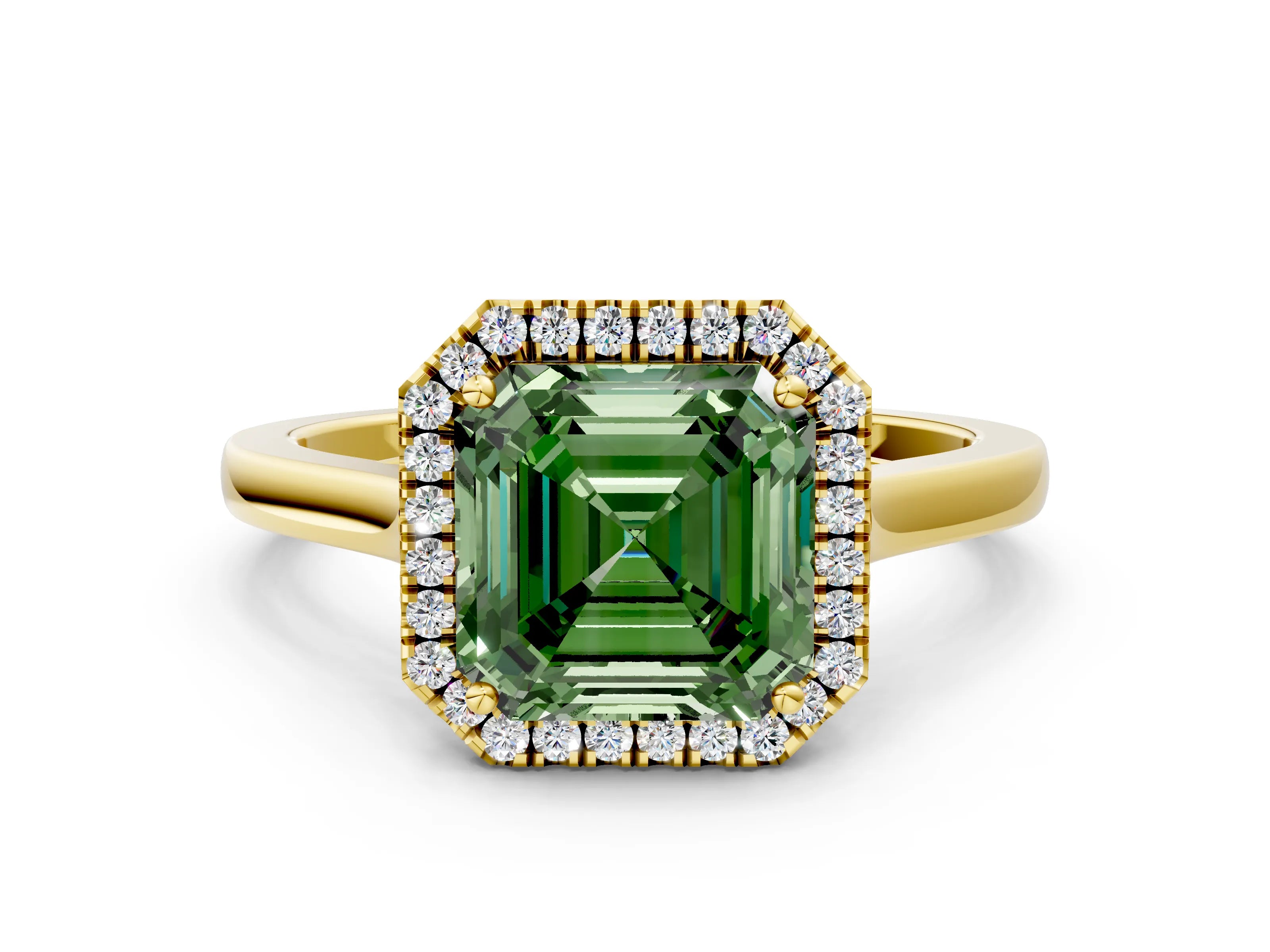 Yellow gold Fancy Green Asscher Cut Halo Round Diamond Solitaire Ring with Pavé Band and Four-Prong Setting