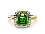 Yellow gold Fancy Green Asscher Cut Halo Round Diamond Solitaire Ring with Pavé Band and Four-Prong Setting