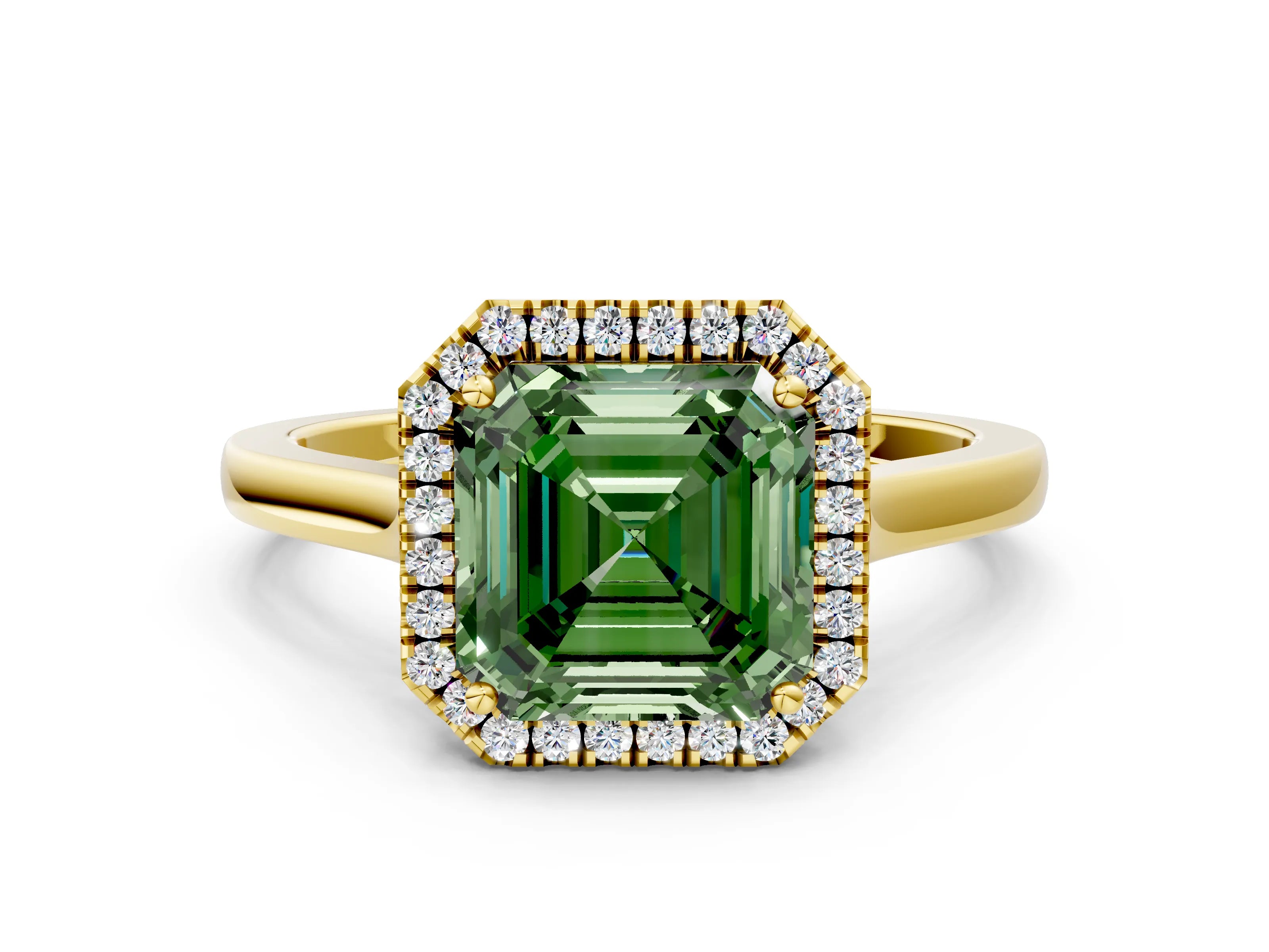 Yellow gold Fancy Green Asscher Cut Halo Round Diamond Solitaire Ring with Pavé Band and Four-Prong Setting_12