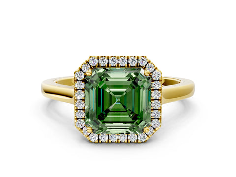 Yellow gold Fancy Green Asscher Cut Halo Round Diamond Solitaire Ring with Pavé Band and Four-Prong Setting_12