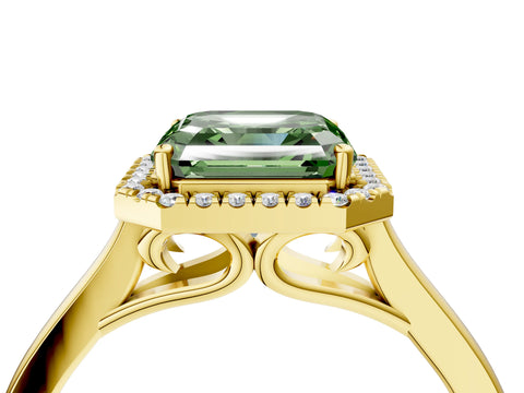 Yellow gold Fancy Green Asscher Cut Halo Round Diamond Solitaire Ring with Pavé Band and Four-Prong Setting_16