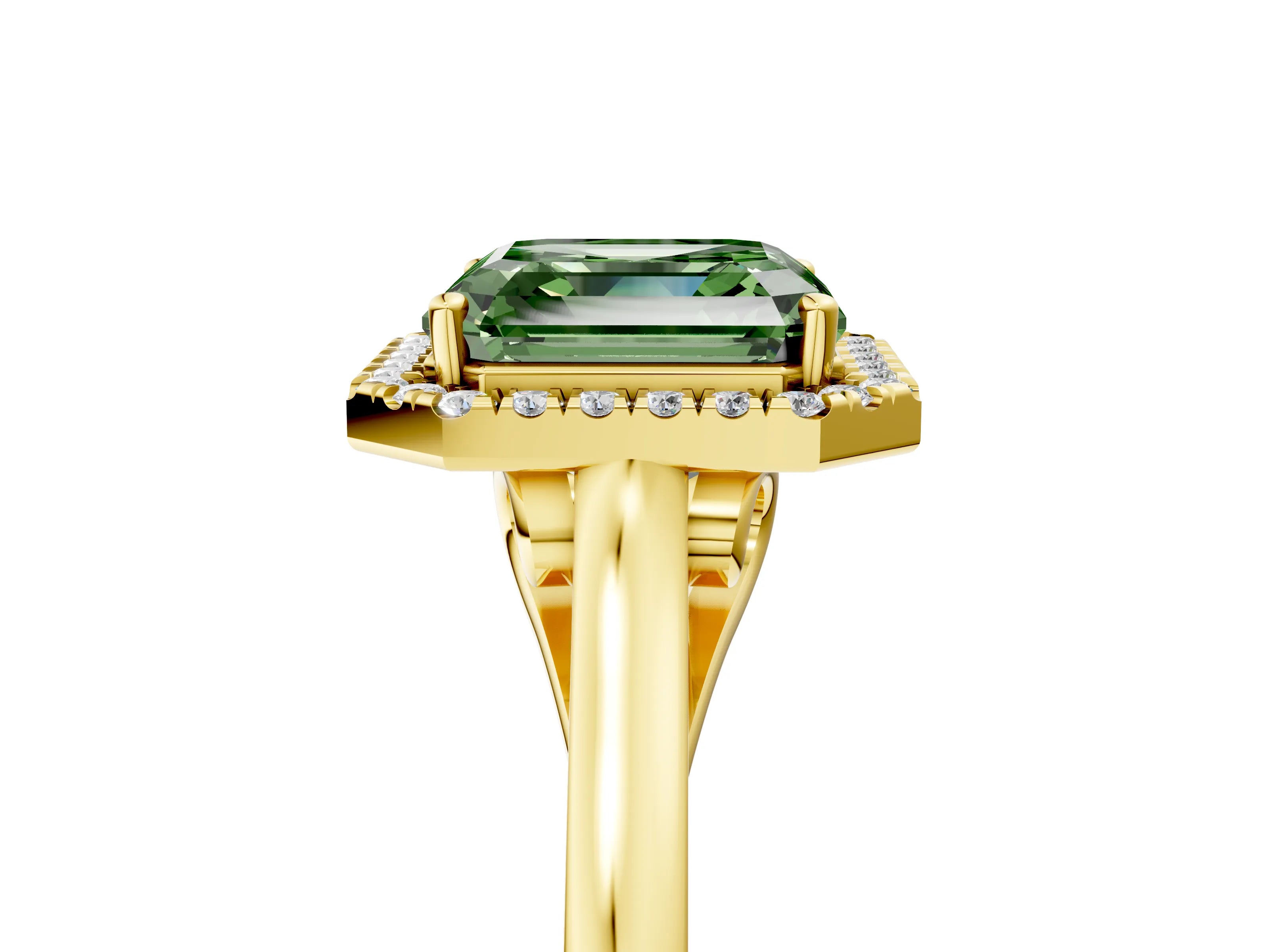 Yellow gold Fancy Green Asscher Cut Halo Round Diamond Solitaire Ring with Pavé Band and Four-Prong Setting_17