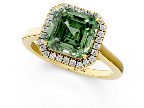 Yellow gold Fancy Green Asscher Cut Halo Round Diamond Solitaire Ring with Pavé Band and Four-Prong Setting_1