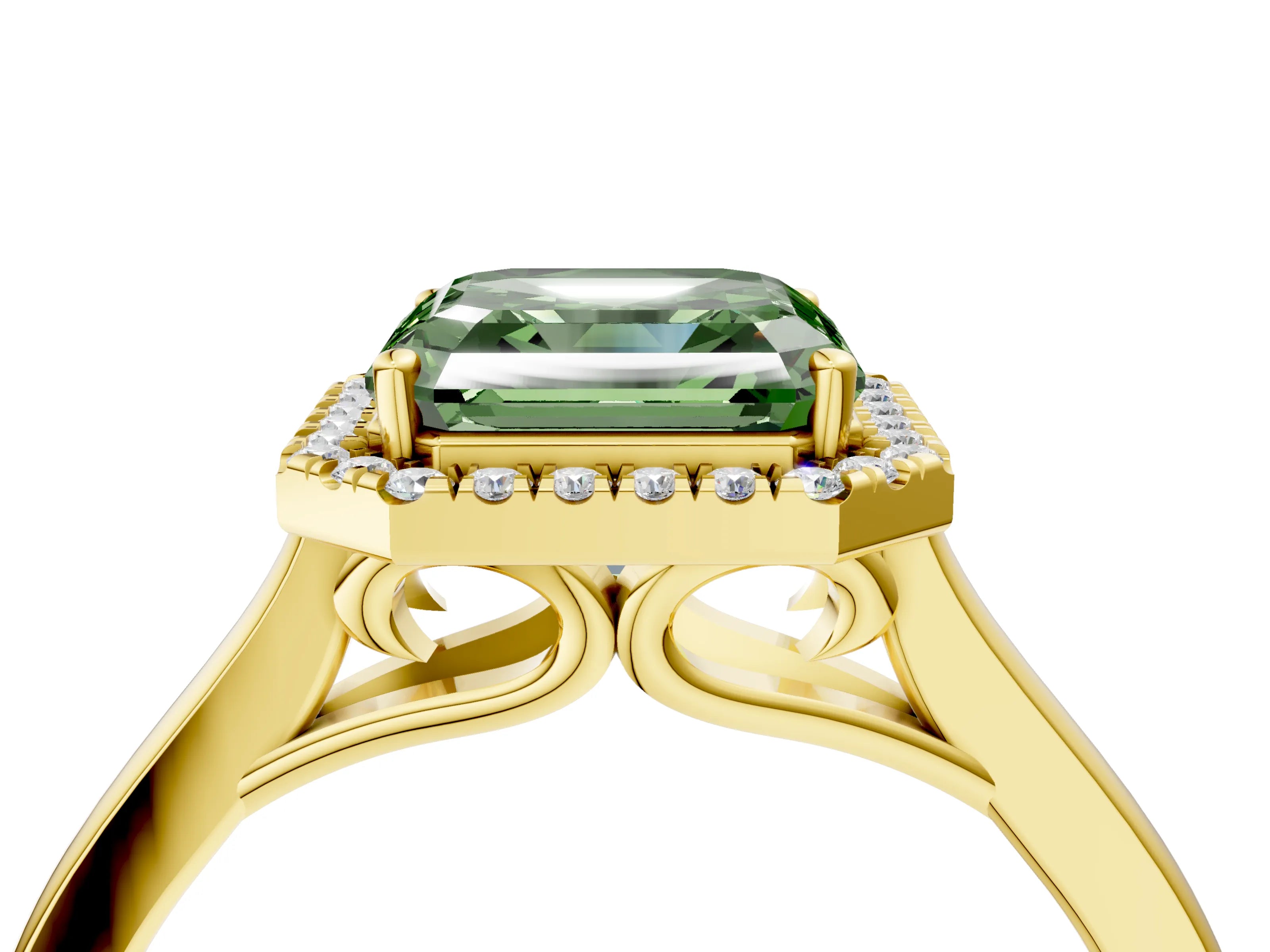 Yellow gold Fancy Green Asscher Cut Halo Round Diamond Solitaire Ring with Pavé Band and Four-Prong Setting_4