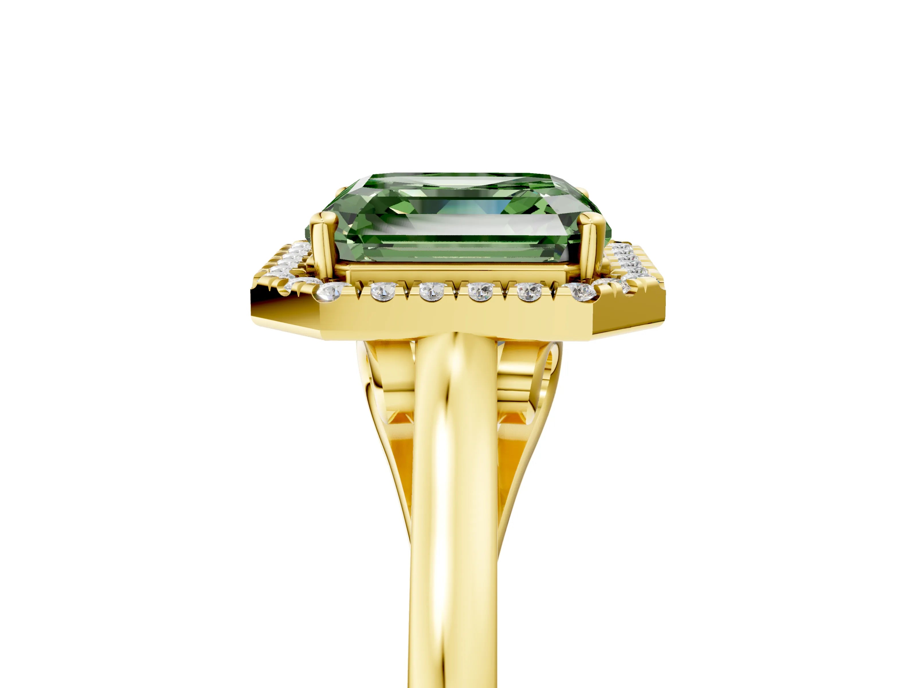 Yellow gold Fancy Green Asscher Cut Halo Round Diamond Solitaire Ring with Pavé Band and Four-Prong Setting_5
