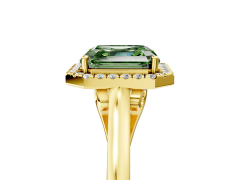 Yellow gold Fancy Green Asscher Cut Halo Round Diamond Solitaire Ring with Pavé Band and Four-Prong Setting_5