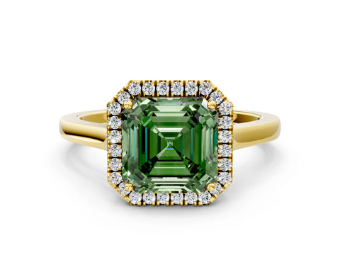 Yellow gold Fancy Green Asscher Cut Halo Round Diamond Solitaire Ring with Pavé Band and Four-Prong Setting