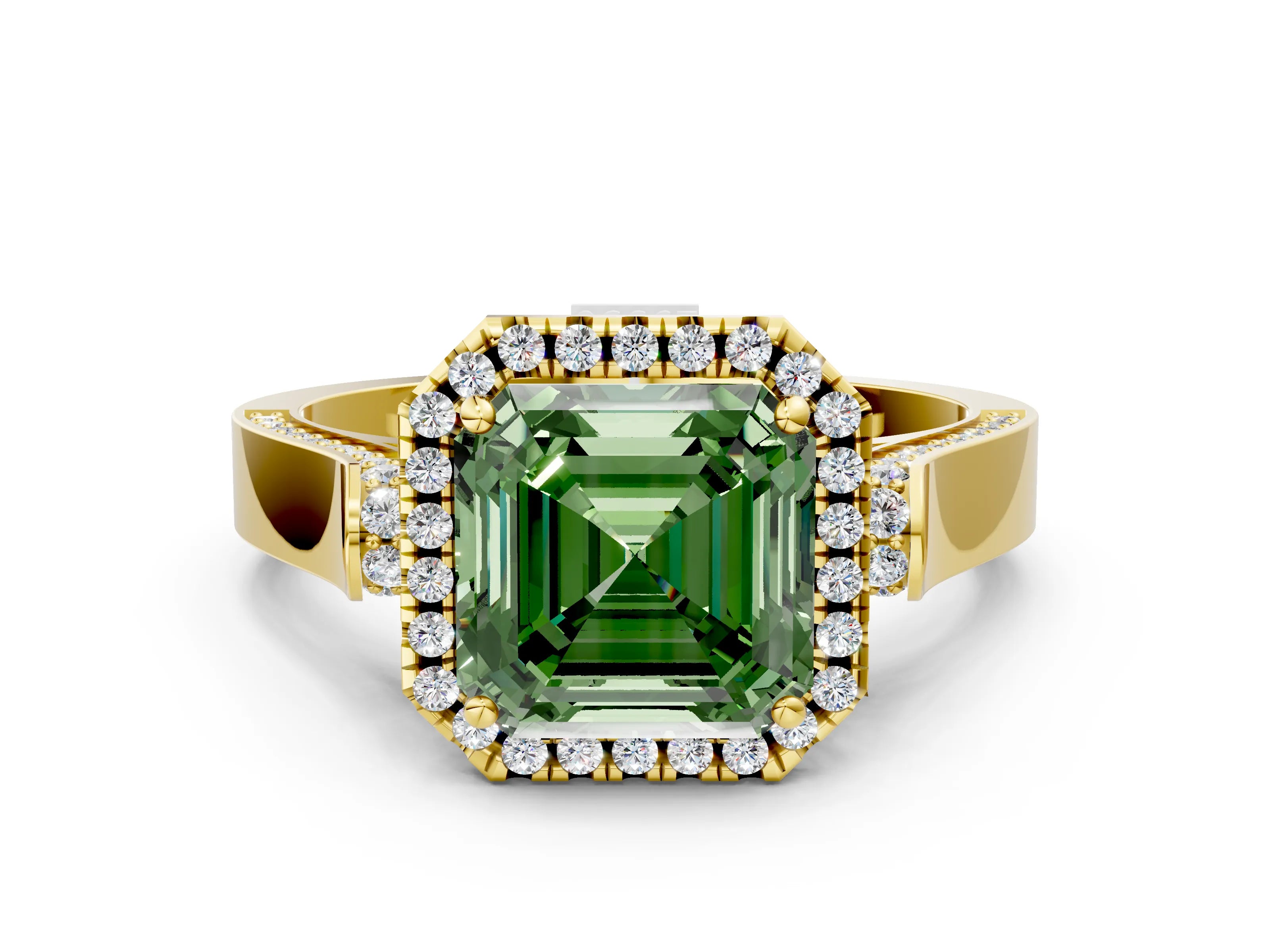Yellow gold Fancy Green Asscher Cut Halo Round Diamond Twist Band with Four-Prong Setting