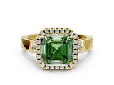 Yellow gold Fancy Green Asscher Cut Halo Round Diamond Twist Band with Four-Prong Setting