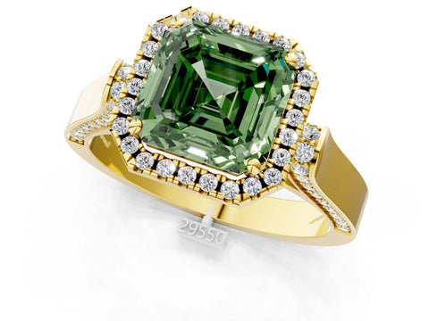 Yellow gold Fancy Green Asscher Cut Halo Round Diamond Twist Band with Four-Prong Setting_1
