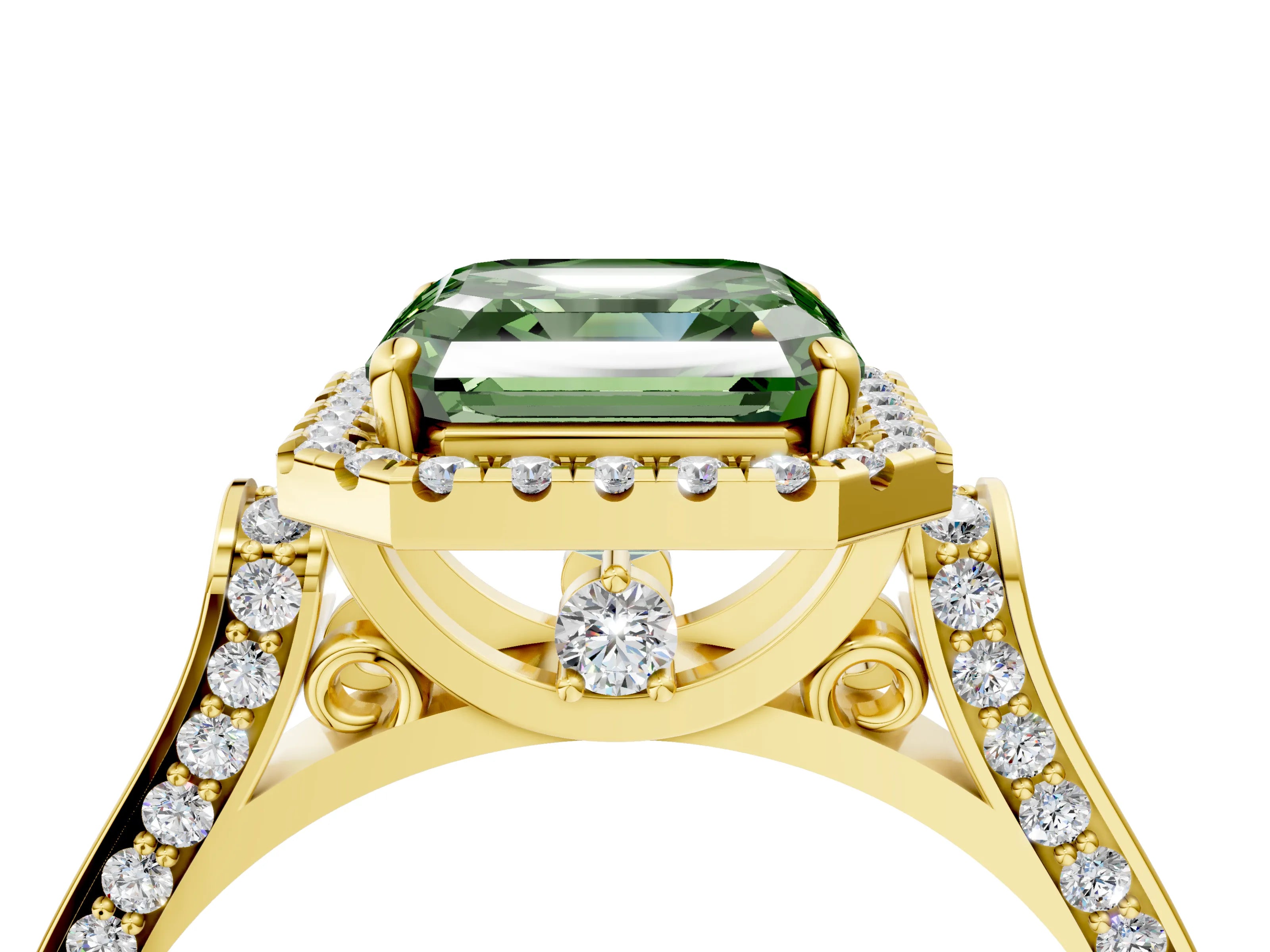 Yellow gold Fancy Green Asscher Cut Halo Round Diamond Twist Band with Four-Prong Setting_4