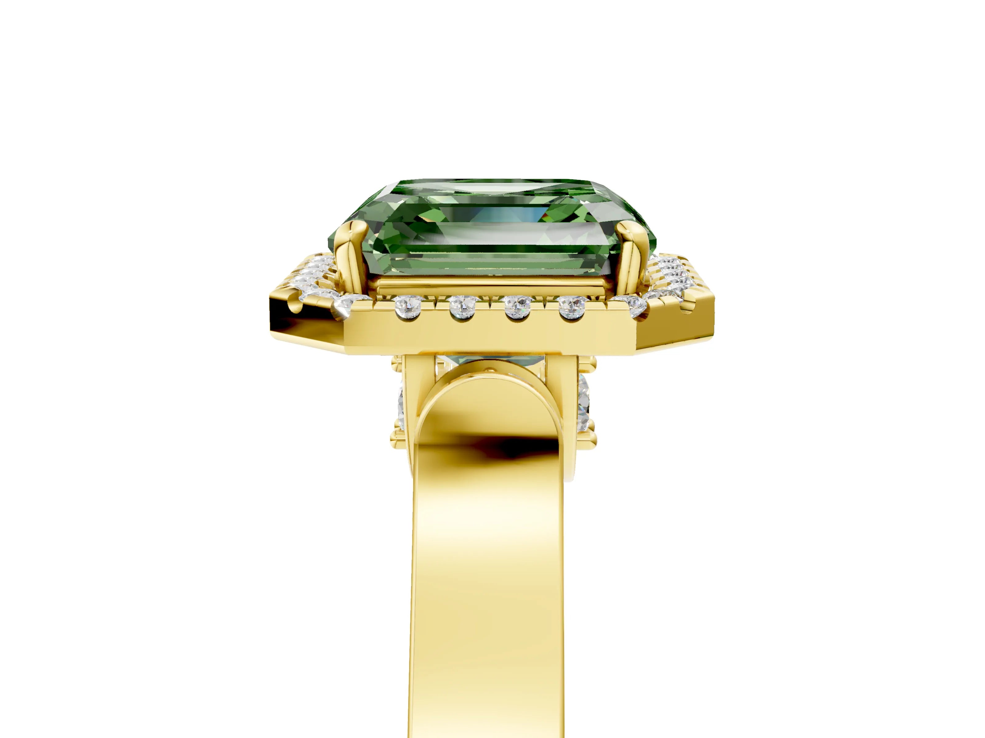 Yellow gold Fancy Green Asscher Cut Halo Round Diamond Twist Band with Four-Prong Setting_5