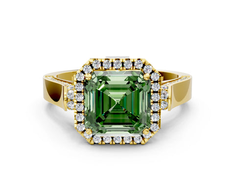 Yellow gold Fancy Green Asscher Cut Halo Round Diamond Twist Band with Four-Prong Setting