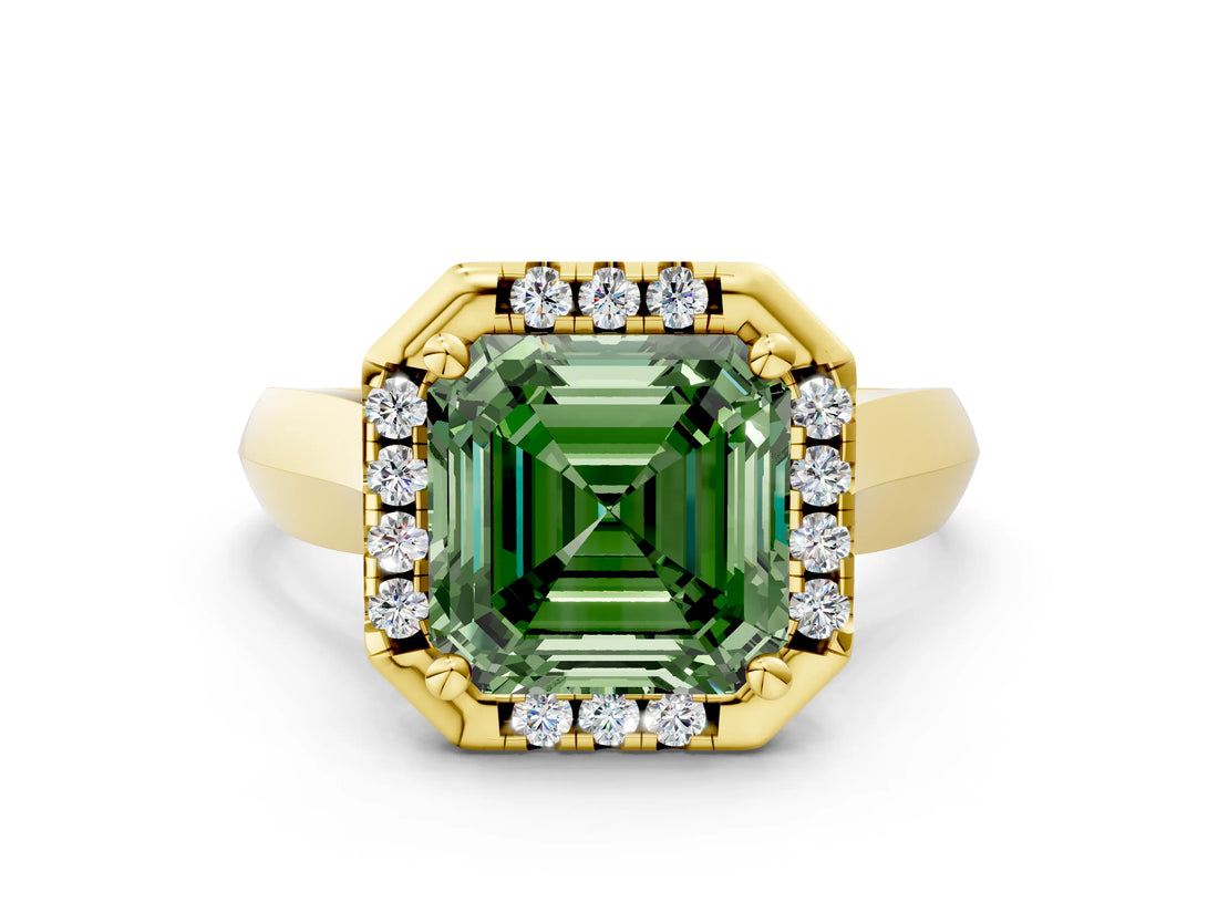 Yellow gold Fancy Green Asscher  Cut Halo Solitaire Engagement Ring with Square Band and Four-Prong Setting_78