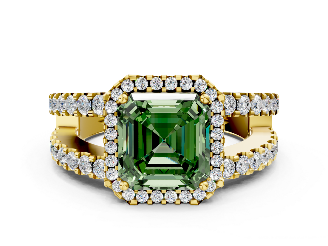 Yellow gold Fancy Green Asscher  Cut Halo Split Shank Diamond Ring with Four-Prong Setting