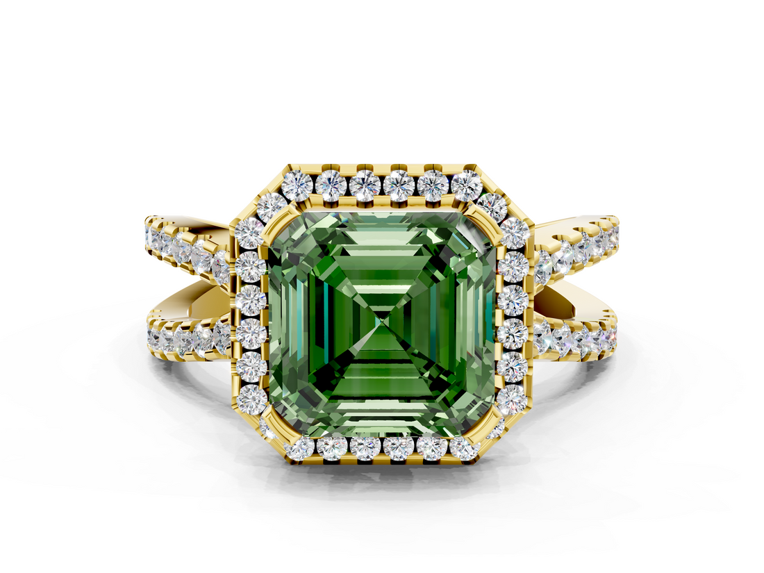 Yellow gold Fancy Green Asscher  Cut Halo Split Shank Pave Set Ring_17