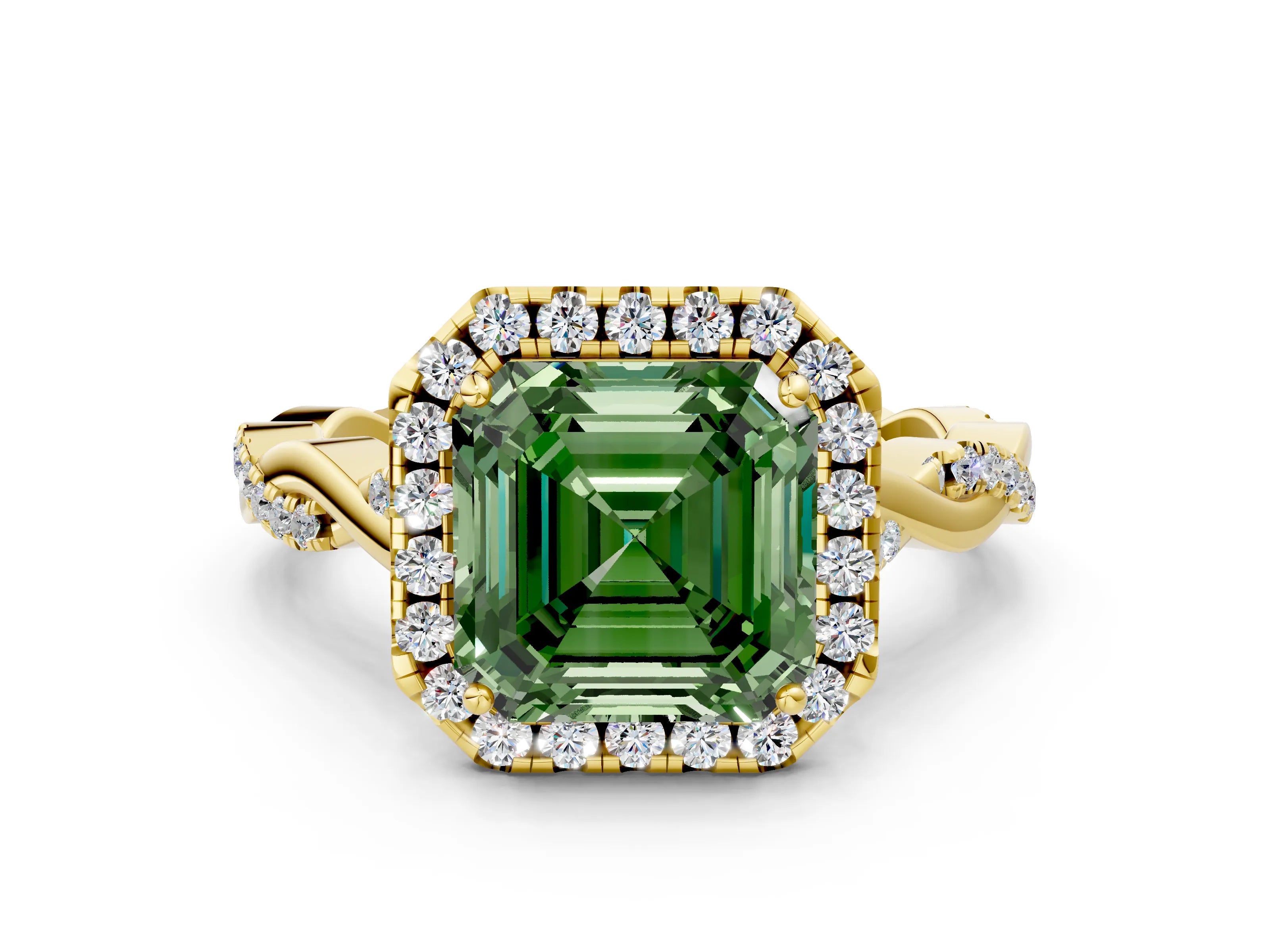 Yellow gold Fancy Green Asscher Cut Halo Twist Band with Four-Prong Setting