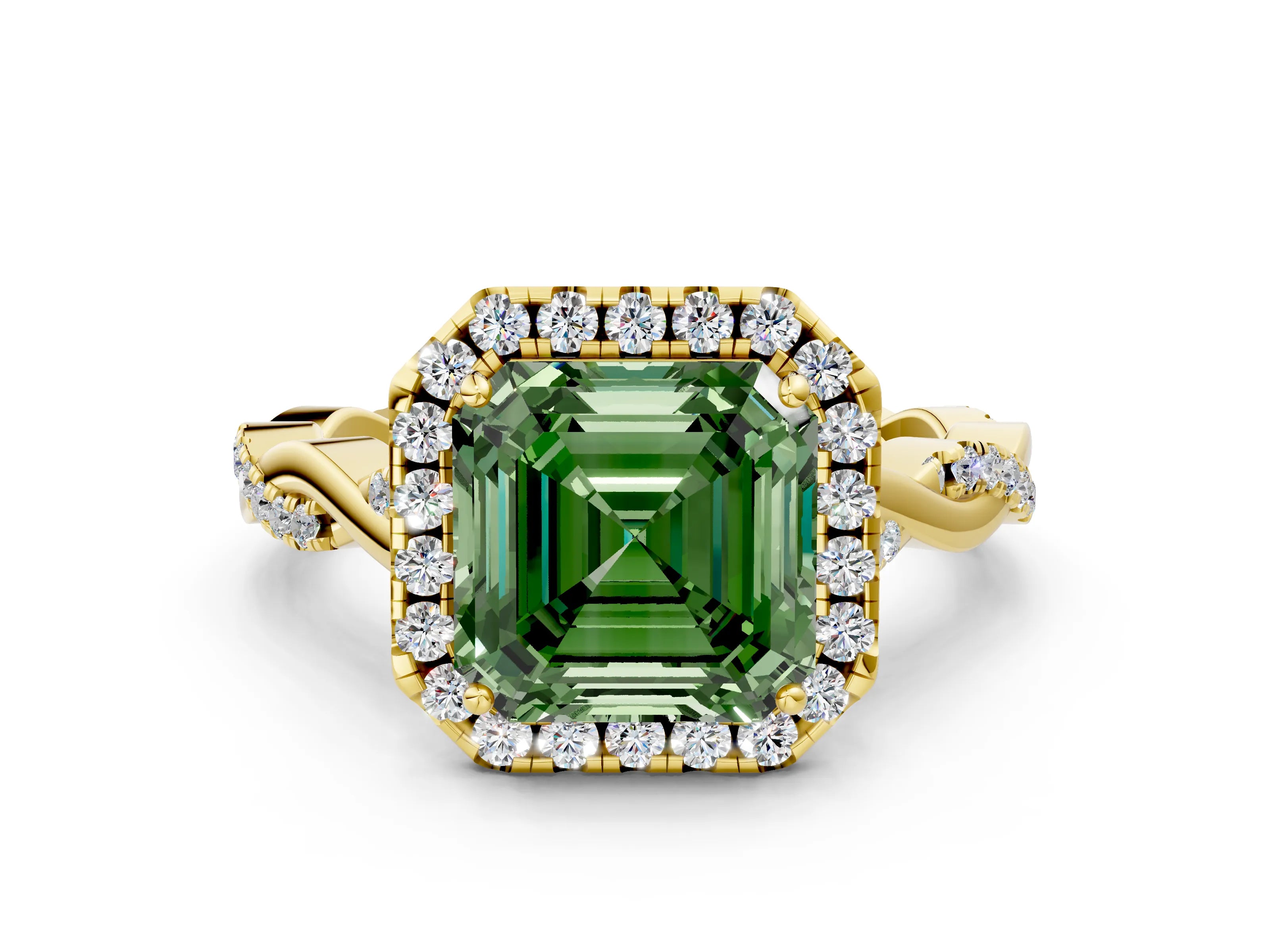 Yellow gold Fancy Green Asscher Cut Halo Twist Band with Four-Prong Setting_12