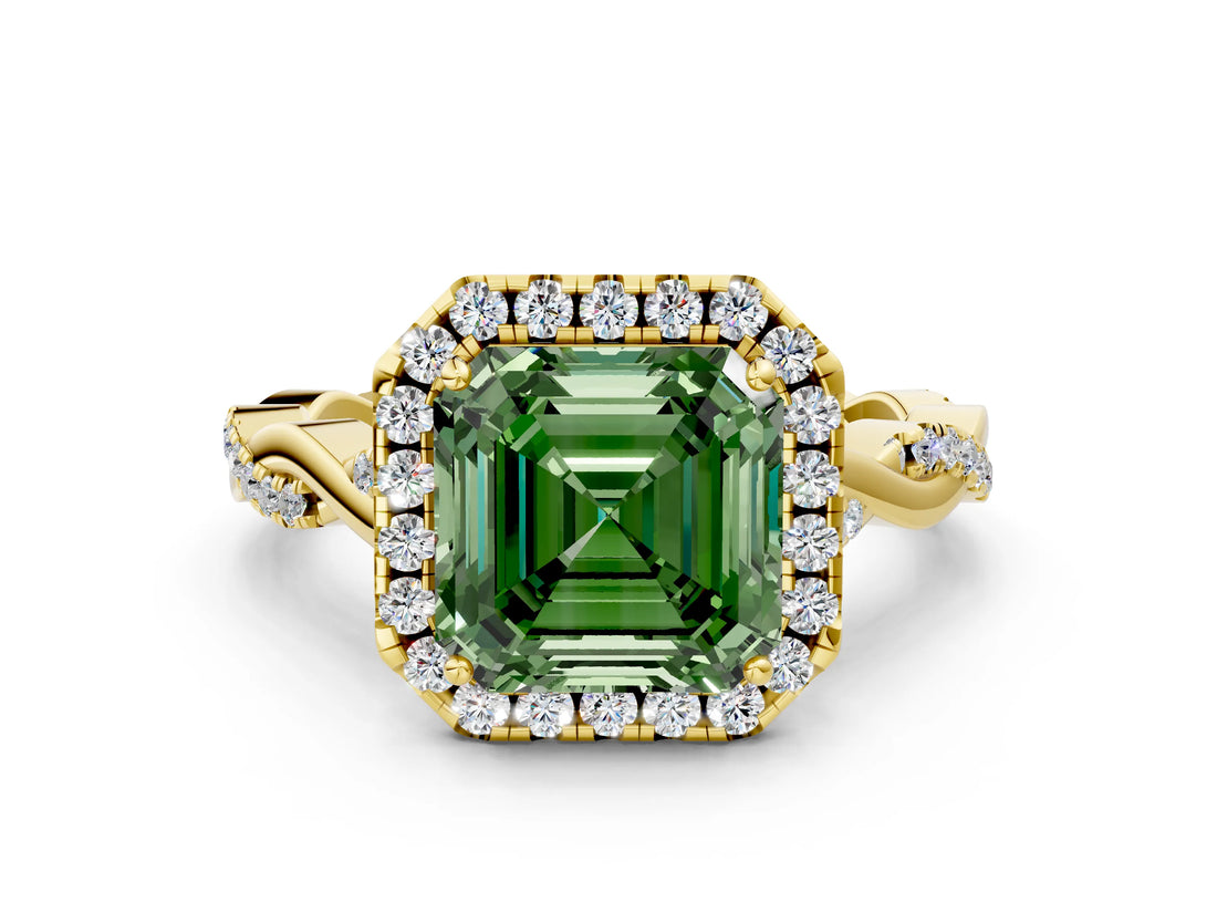 Yellow gold Fancy Green Asscher Cut Halo Twist Band with Four-Prong Setting_12