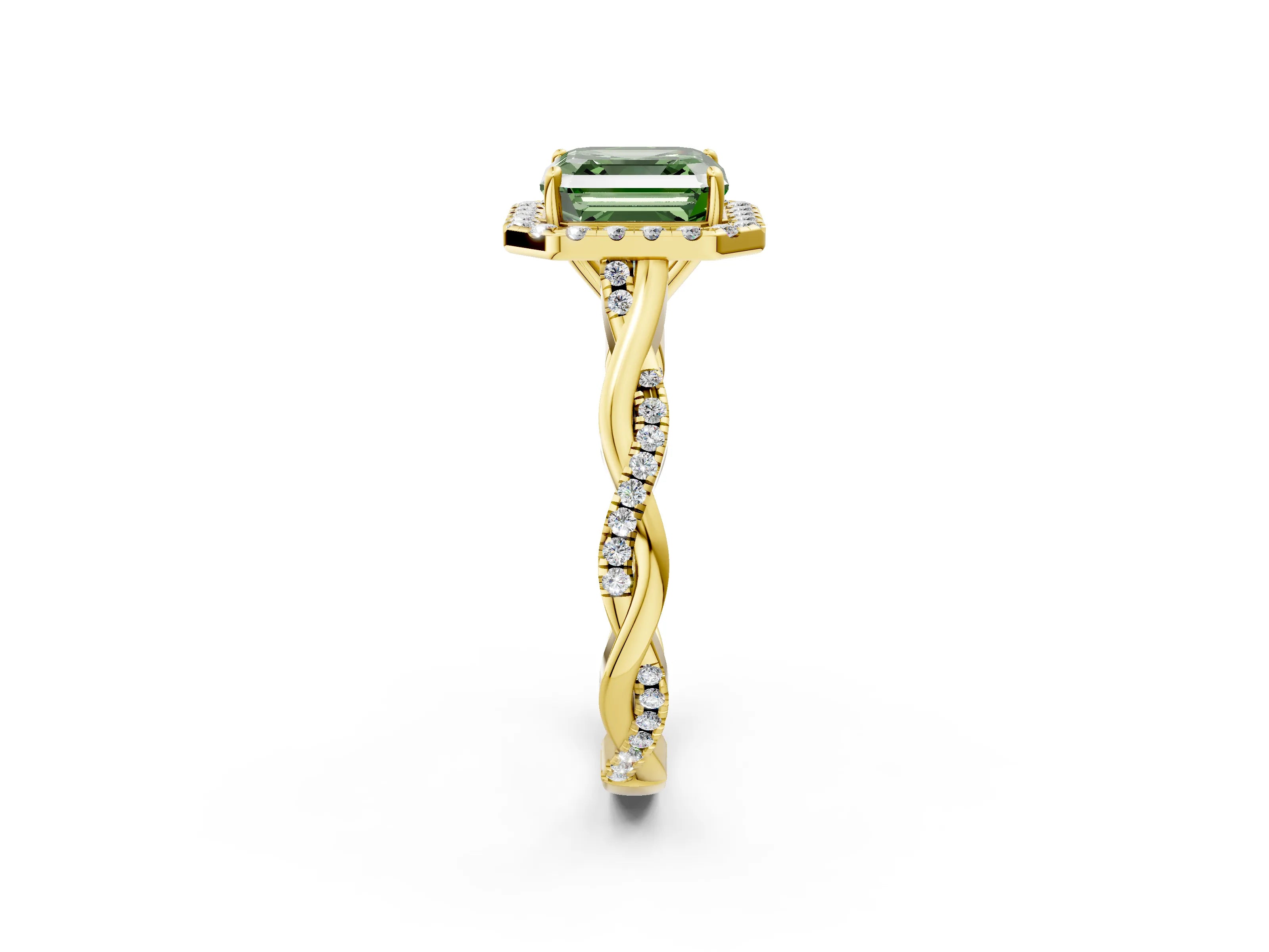 Yellow gold Fancy Green Asscher Cut Halo Twist Band with Four-Prong Setting_14