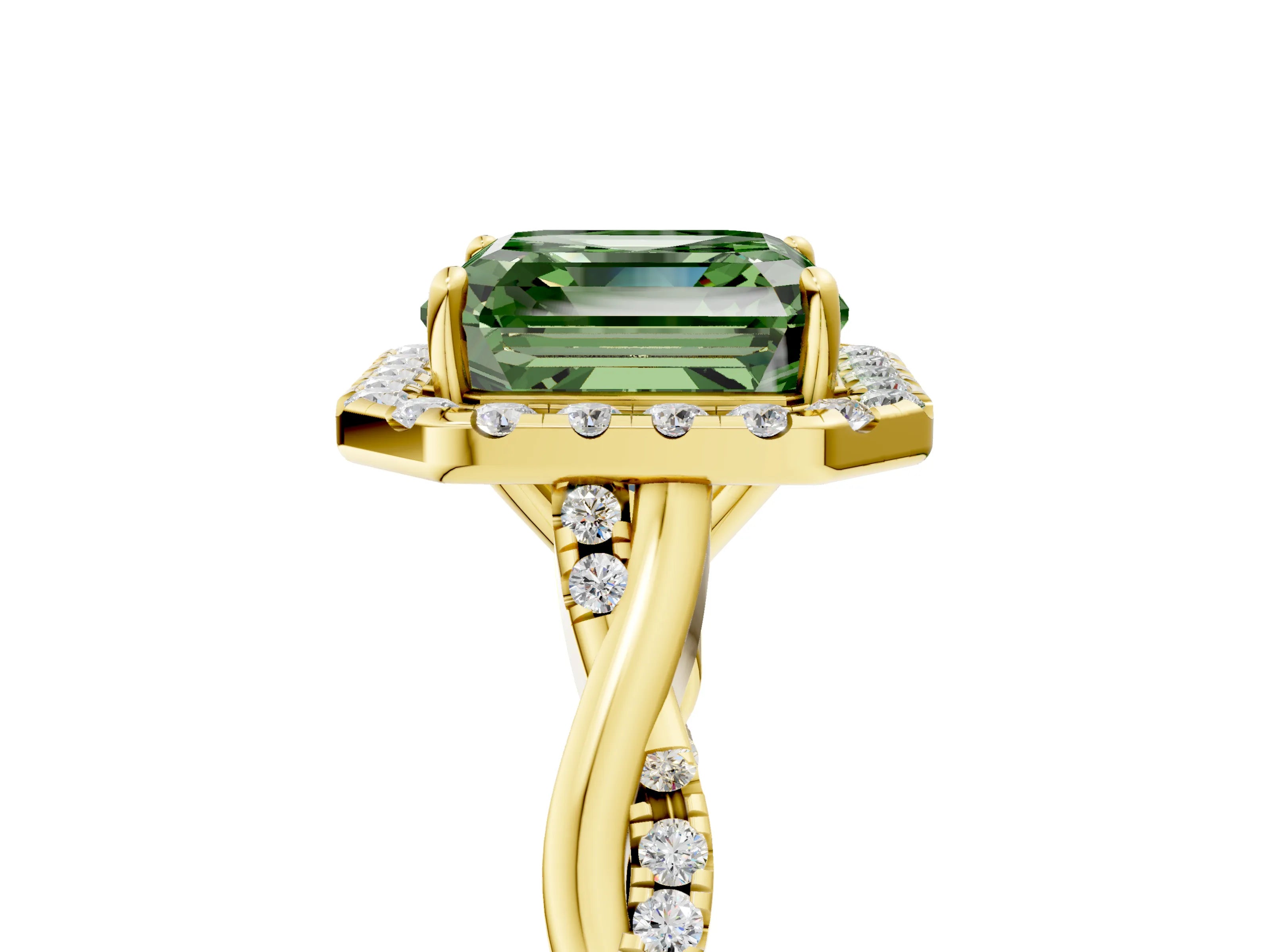 Yellow gold Fancy Green Asscher Cut Halo Twist Band with Four-Prong Setting_17