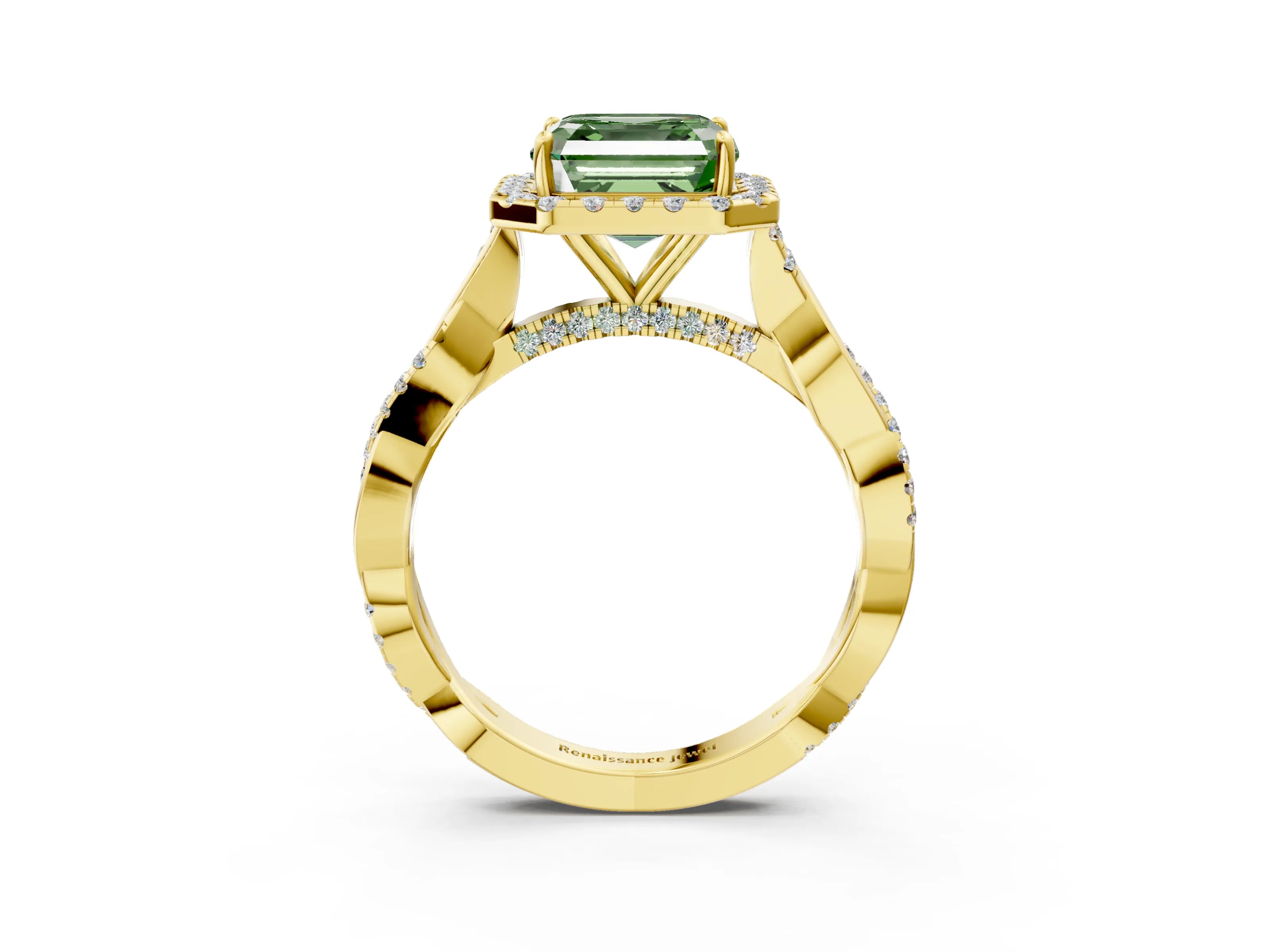 Yellow gold Fancy Green Asscher Cut Halo Twist Band with Four-Prong Setting_3