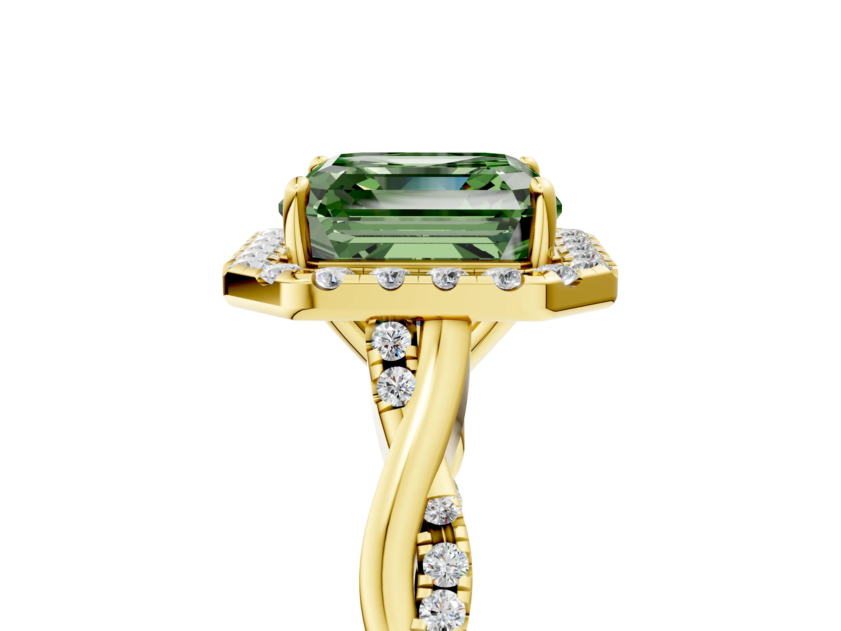 Yellow gold Fancy Green Asscher Cut Halo Twist Band with Four-Prong Setting_5