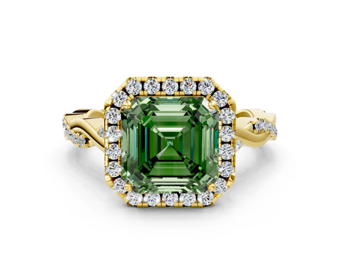 Yellow gold Fancy Green Asscher Cut Halo Twist Band with Four-Prong Setting