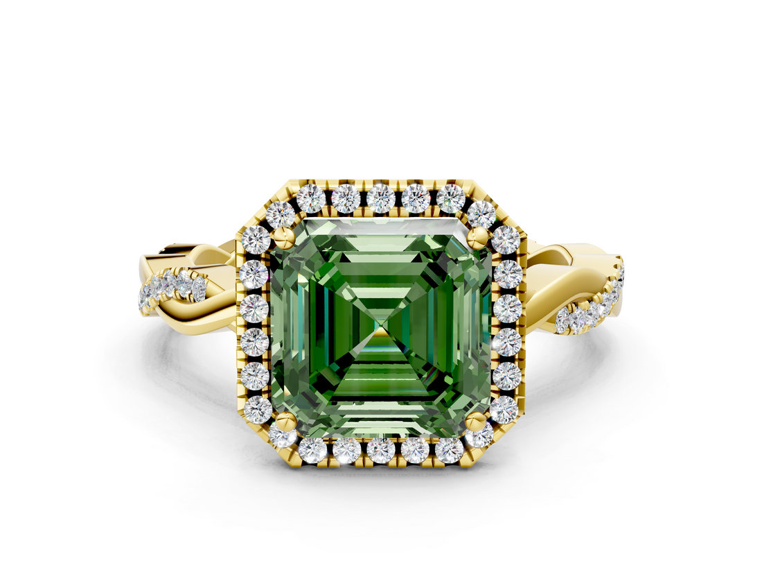 Yellow gold Fancy Green Asscher  Cut Halo Twisted Band Four-Prong Ring