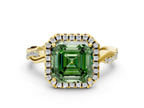 Yellow gold Fancy Green Asscher  Cut Halo Twisted Band Four-Prong Ring
