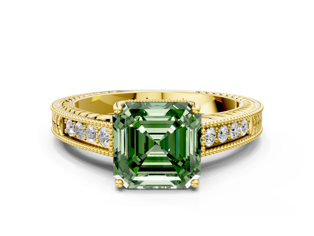 Yellow gold Fancy Green Asscher  Cut Milgrain Channel Set Engagement Ring with Solitaire Prong Setting_17