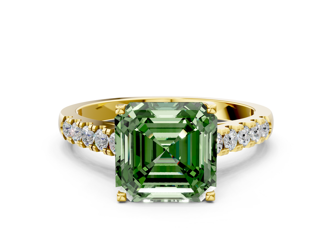 Yellow gold Fancy Green Asscher  Cut Pavé Band Solitaire Ring with Four-Prong Setting