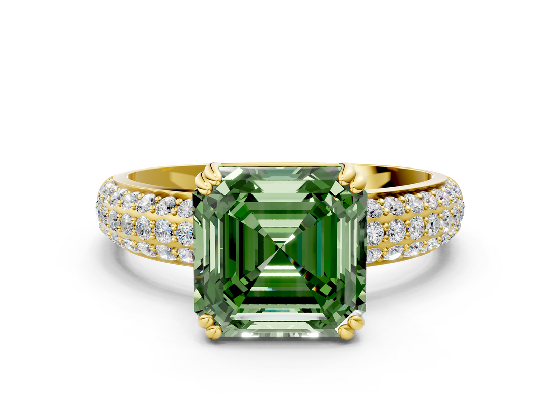 Yellow gold Fancy Green Asscher  Cut Pave Diamond Engagement Ring with Channel Set Band and Four-Prong Setting