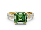 Yellow gold Fancy Green Asscher  Cut Pave Diamond Engagement Ring with Channel Set Band and Four-Prong Setting